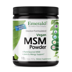 Emerald Labs MSM powder bottle closeup highlighting joint support potential