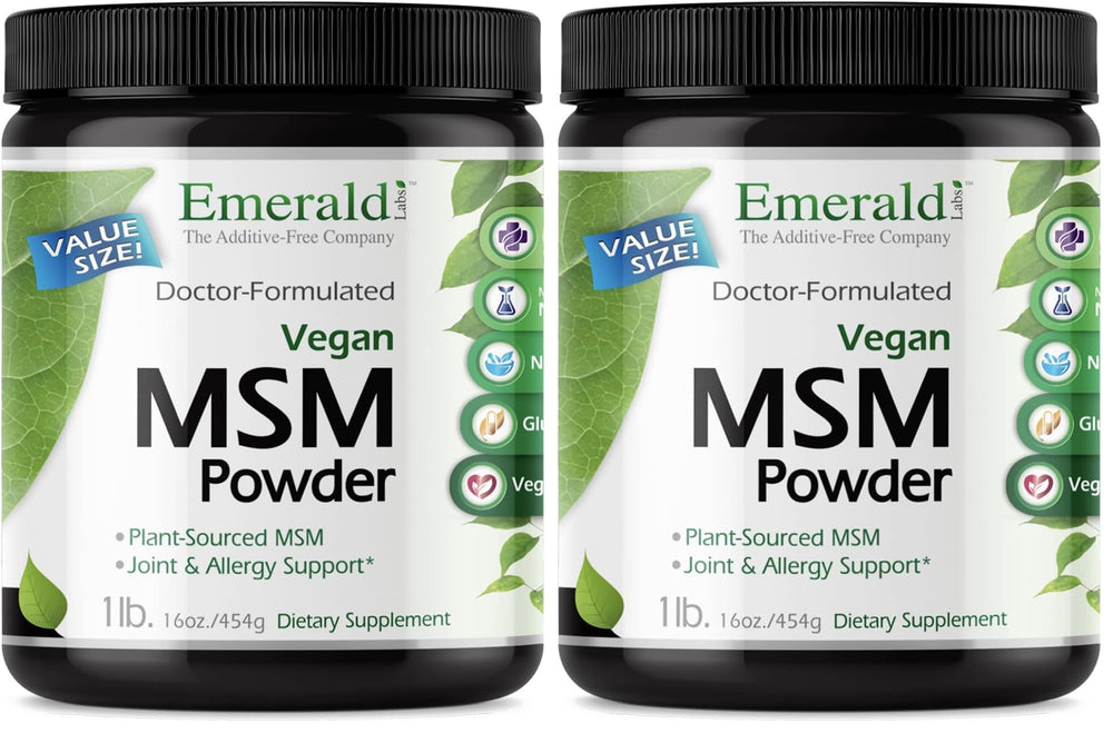 Emerald Labs MSM powder bottle showcases plant-sourced formula for joints and skin.