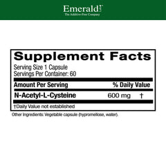 Emerald Labs NAC 600mg bottle label highlights vegan, allergen-free seal.