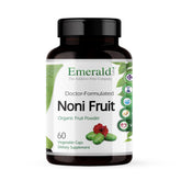 Emerald Labs Noni Fruit bottle label highlights organic ingredients for digestive and antioxidant support.