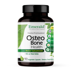 Emerald Labs Osteo bottle front shows immune and bone support benefits.