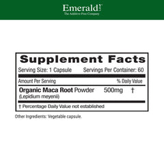 Emerald Labs Peruvian Maca capsules packaging suggests hormonal balance potential.