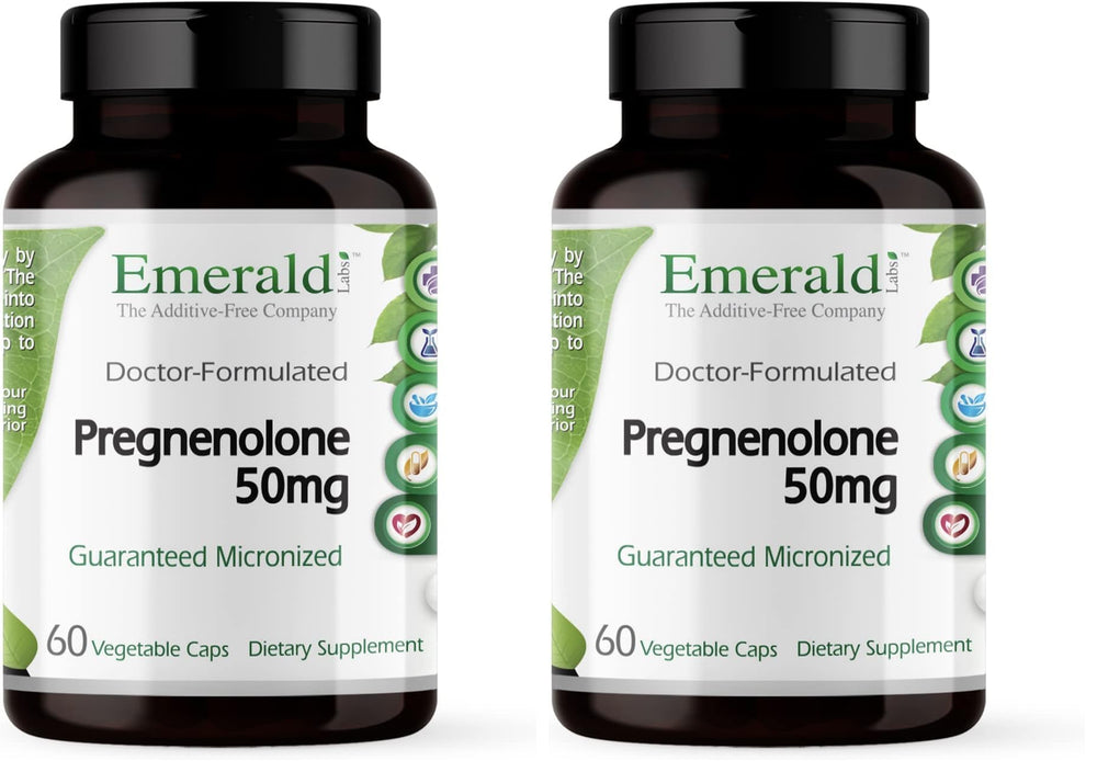 Emerald Labs Pregnenolone 50mg bottle on counter highlighting brain health support.