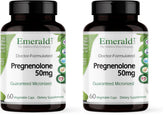 Emerald Labs Pregnenolone 50mg bottle on counter highlighting brain health support.