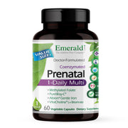 Emerald Labs Prenatal 1-Daily Multi bottle shows comprehensive daily nutrition for moms.