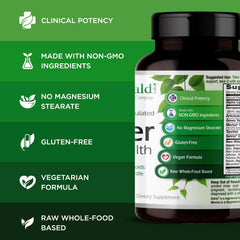 Close-up of Emerald Labs Liver Health vegan capsules, allergen-free formula.