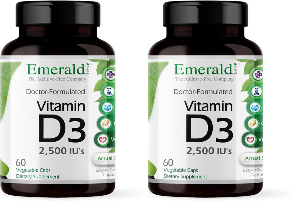 Emerald Labs Vitamin D3 2,500 IU bottle showing dosage for bone and immune support.