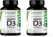 Emerald Labs Vitamin D3 2,500 IU bottle showing dosage for bone and immune support.