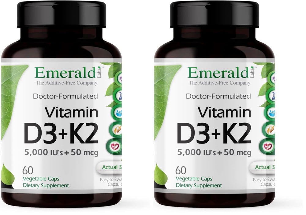 Emerald Labs Vitamin D3+K2 bottle label highlighting 5000 IU for bone support