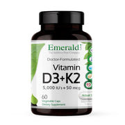 Emerald Labs Vitamin D3+K2 bottle with 60 vegetarian capsules for bone support.