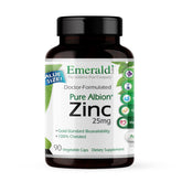 Emerald Labs Zinc 25mg, botella, apoyo inmunológico diario y bienestar digestivo.