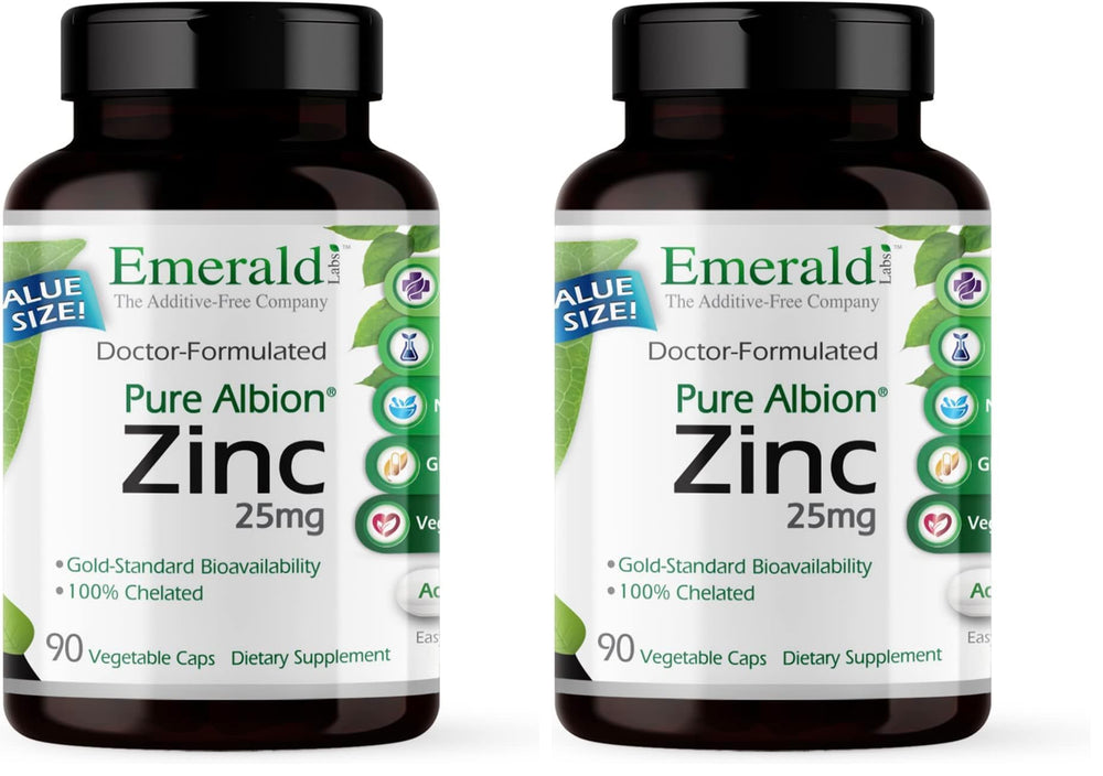 Emerald Labs Zinc 25mg bottle front signals vegan, gluten-free immune support