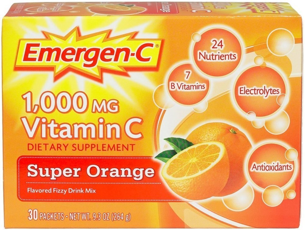 Emergen-C Super Orange bottle pour showing convenient vitamin C and electrolyte boost for on-the-go hydration.