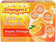 Emergen-C Super Orange bottle pour showing convenient vitamin C and electrolyte boost for on-the-go hydration.