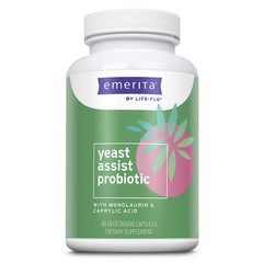 Emerita Yeast Assist probiotics bottle front view for daily gut and immune support.