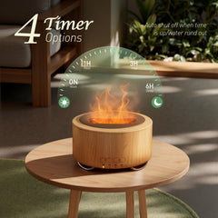 Emochies Canary Yellow diffuser with flame-like light adds warm bedroom ambience.