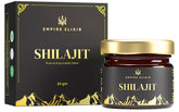 Empire Elixir Shilajit resin jar displayed on wood, signaling premium Himalayan purity for energy support.