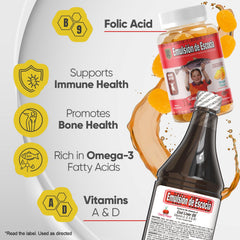 Emulsion de Escocia Cherry-flavored liquid with dropper offers easy daily use.