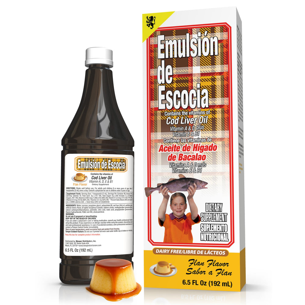 Emulsion de Escocia Flan flavor cod liver oil bottle for daily omega-3 support.