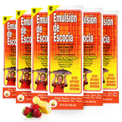 Emulsion de Escocia strawberry banana bottle front, kid-friendly omega-3 supplement.