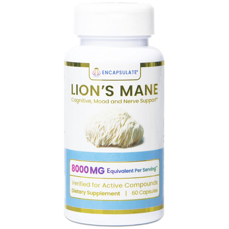 Encapsulate Lion’s Mane 8:1 extract capsule bottle highlighting potency for cognitive support.