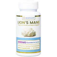 Encapsulate Lion’s Mane 8:1 extract capsule bottle highlighting potency for cognitive support.