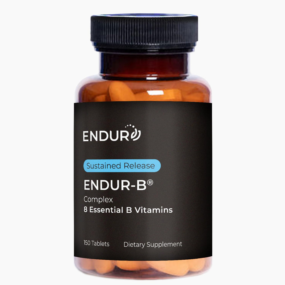 Endurance Products ENDUR-B Complex SR bottle label highlights sustained-release B vitamins for steady energy.