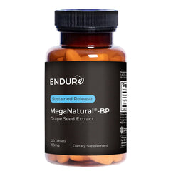 Endur MegaNatural-BP grape seed extract bottle showing sustained-release benefits for steady absorption.