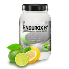 Endurox R4 lemon-lime tub for post-workout recovery and glycogen replenishment.