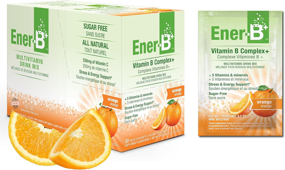 Ener-B+ orange bottle pour provides refreshing hydration support.