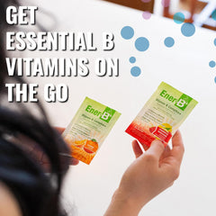 Ener-B+ orange sachet pack with portable vitamin packets for on-the-go use.