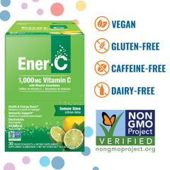 Ener-C lemon-lime drink mix in glass demonstrates refreshing hydration for daily energy.
