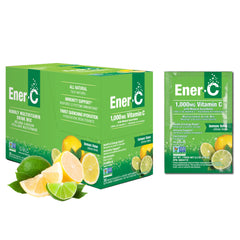 Ener-C lemon-lime packets close-up showing real fruit flavor and vitamin boost.