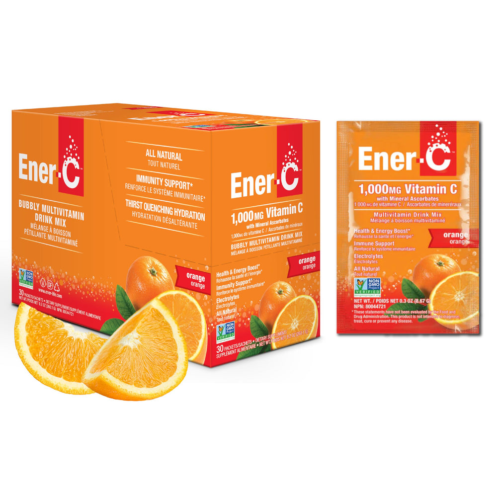 Ener-C orange multivitamin powder pack ready to add to water for daily energy.