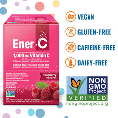 Ener-C raspberry powder closeup highlighting the vitamin-rich formula.