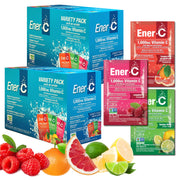 Ener-C variety-pack packets shown for daily hydration and immune support.