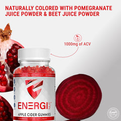 ENERGI Nut ACV Gummies ingredients spotlight featuring Folic Acid, B12, pomegranate and beet.