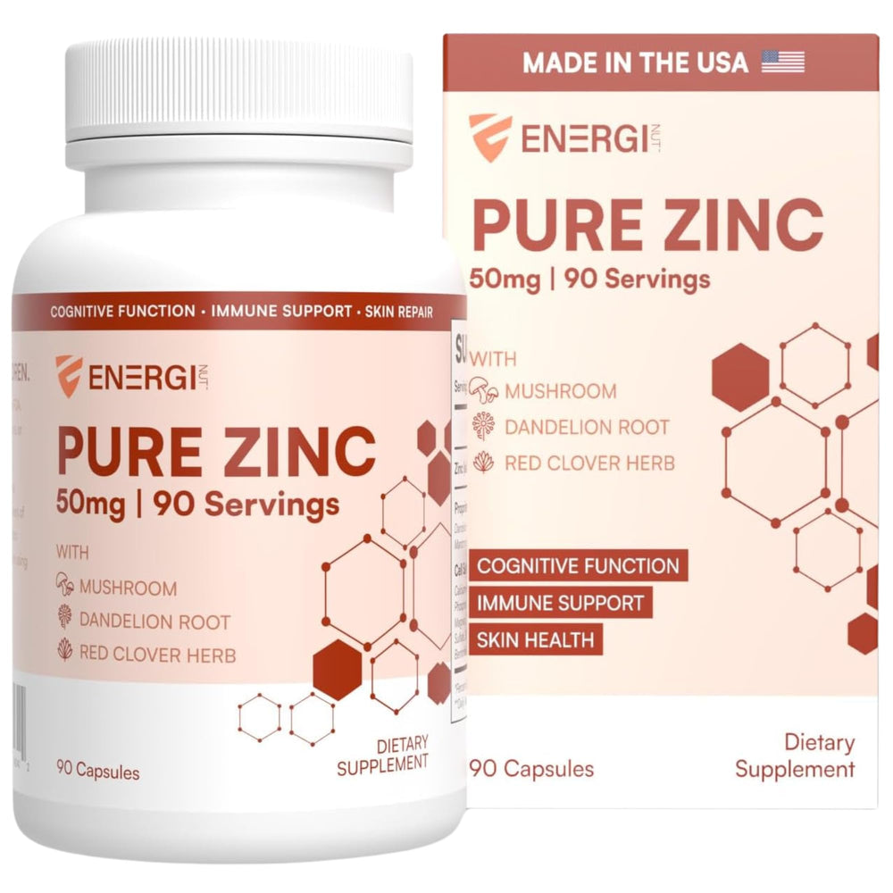 Energi Nut zinc chelate bottle showing high-absorption daily immune support.