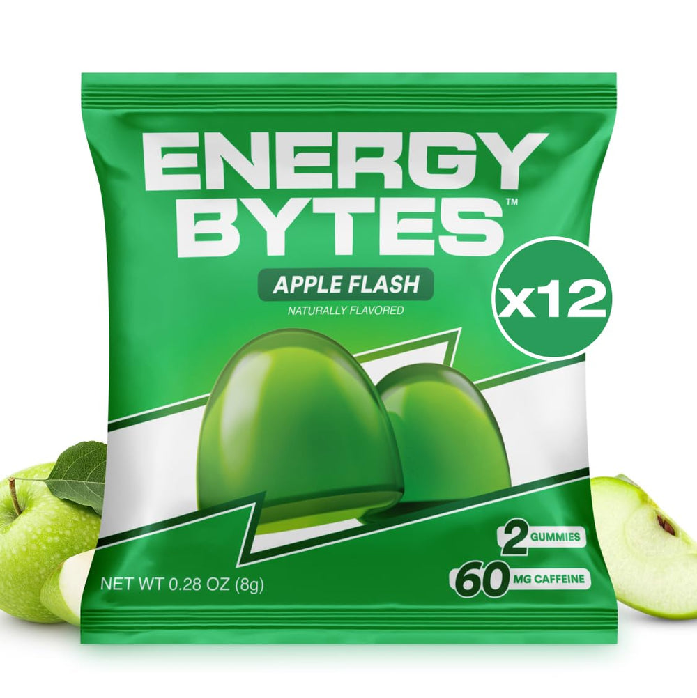 Energy Bytes Apple Flash gummies bottle front for quick on-the-go energy.