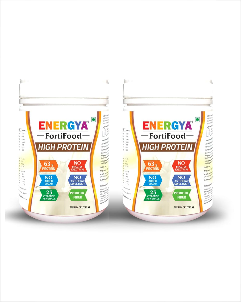 ENERGYA FORTIFOOD vanilla protein powder bottle with balanced plant and dairy protein