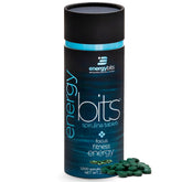 ENERGYBITS spirulina tablets on packaging close-up for easy on-the-go energy