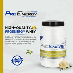 EnergyFirst Vanilla Whey Protein Isolate scoop beside a smoothie for quick nutrition.