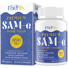 Enerlix SAM-e bottle front highlights vegan, high-potency formula for daily wellness.