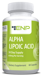 ENP Alpha Lipoic Acid bottle showing 650mg formula for energy metabolism.