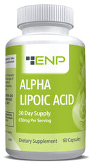 ENP Alpha Lipoic Acid bottle showing 650mg formula for energy metabolism.