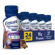 Ensure High Protein Milk Chocolate bottle closeup highlighting 16g protein for muscle support
