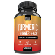 Envy Nutrition turmeric-ginger-acv capsules bottle pouring, supports digestion and daily energy.