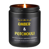 Enwhisco Amber Patchouli Candle label detail for refined luxury ambiance.