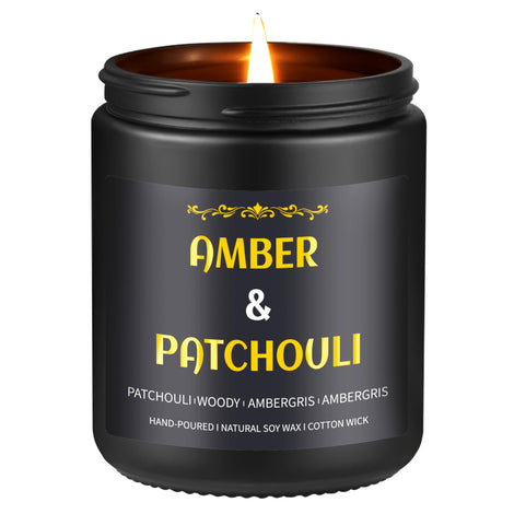Enwhisco Amber Patchouli Candle label detail for refined luxury ambiance.