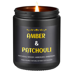 Enwhisco Amber Patchouli Candle label detail for refined luxury ambiance.